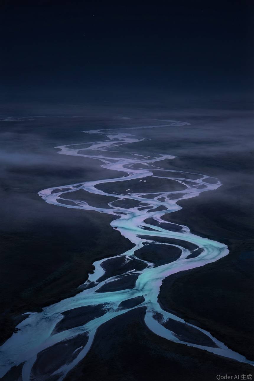 夜间俯瞰的辫状水系