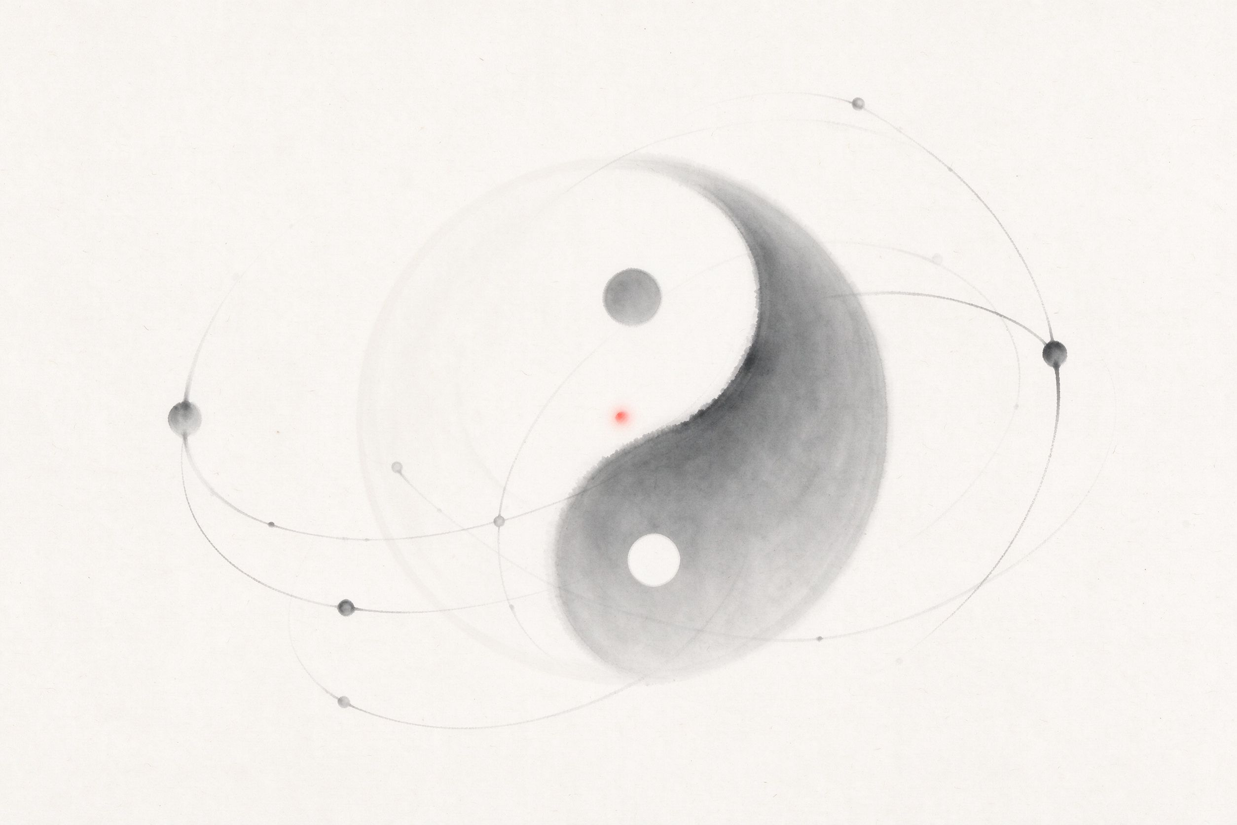 太极与分子轨迹交织，象征东西方心灵观交融