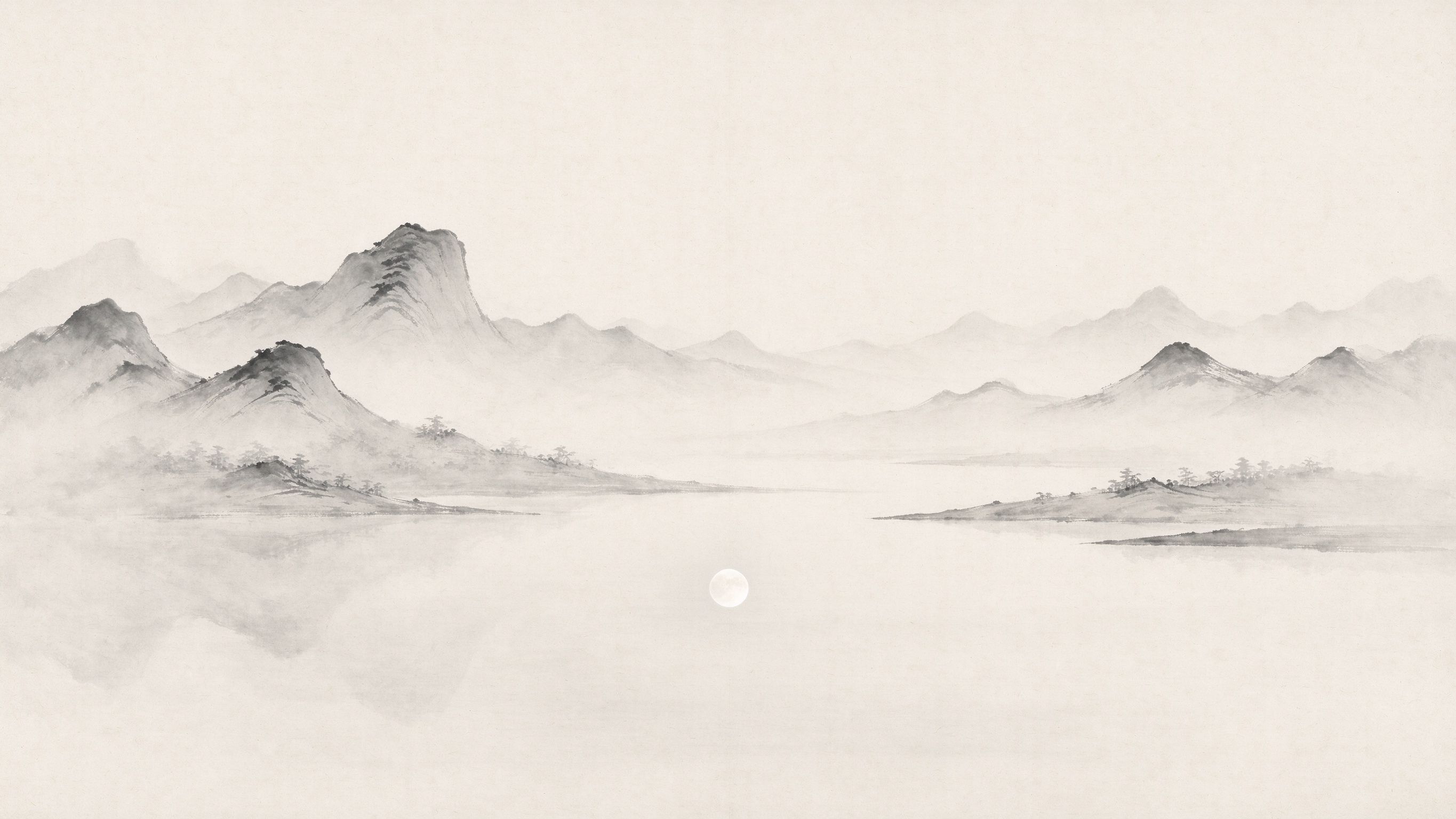 远山静水，一弯淡月的极简水墨