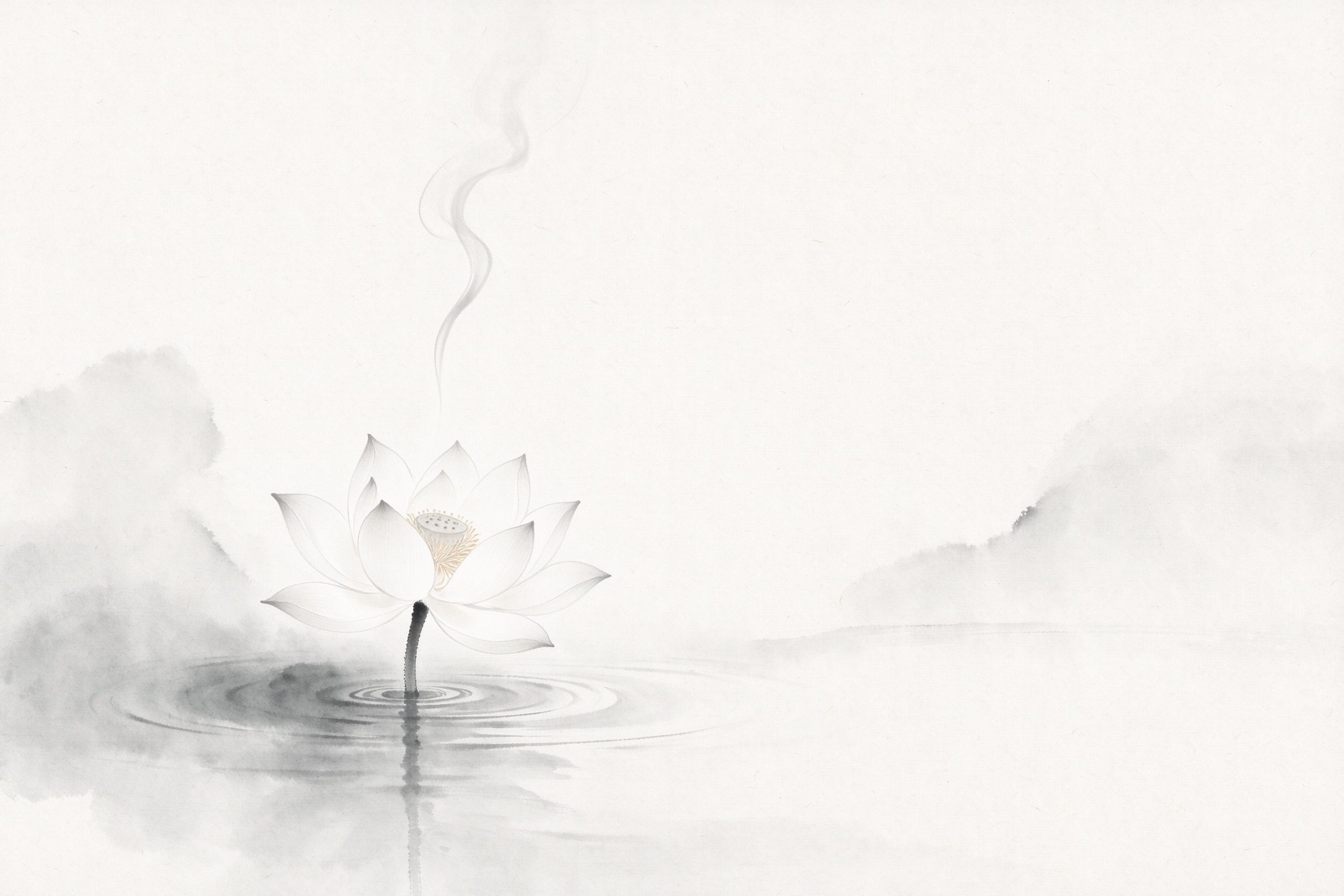 一朵素白莲花静立水中，一缕轻烟